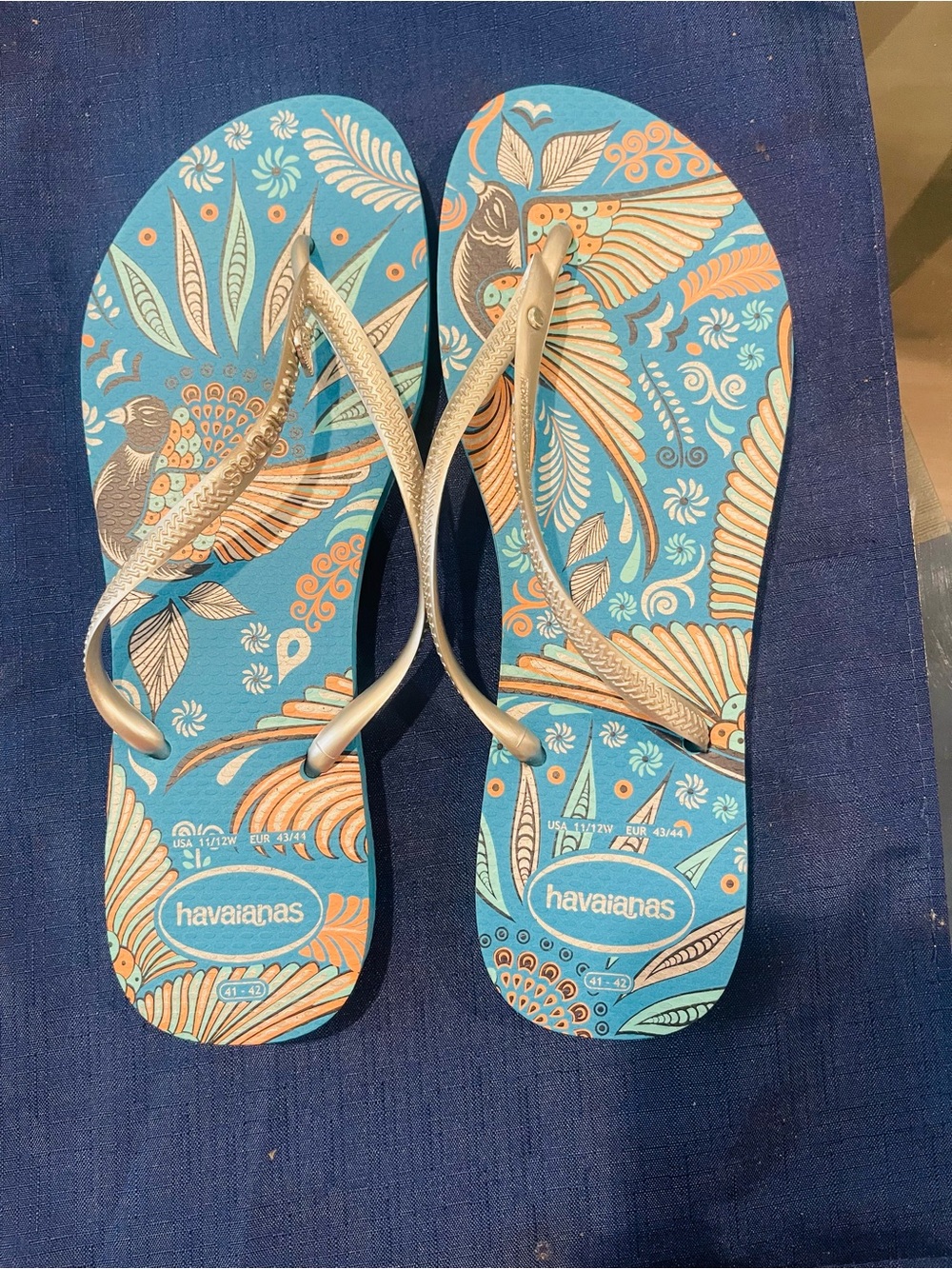 Havaianas Turquoise Tropical Bird Flip Flops with Gold Straps